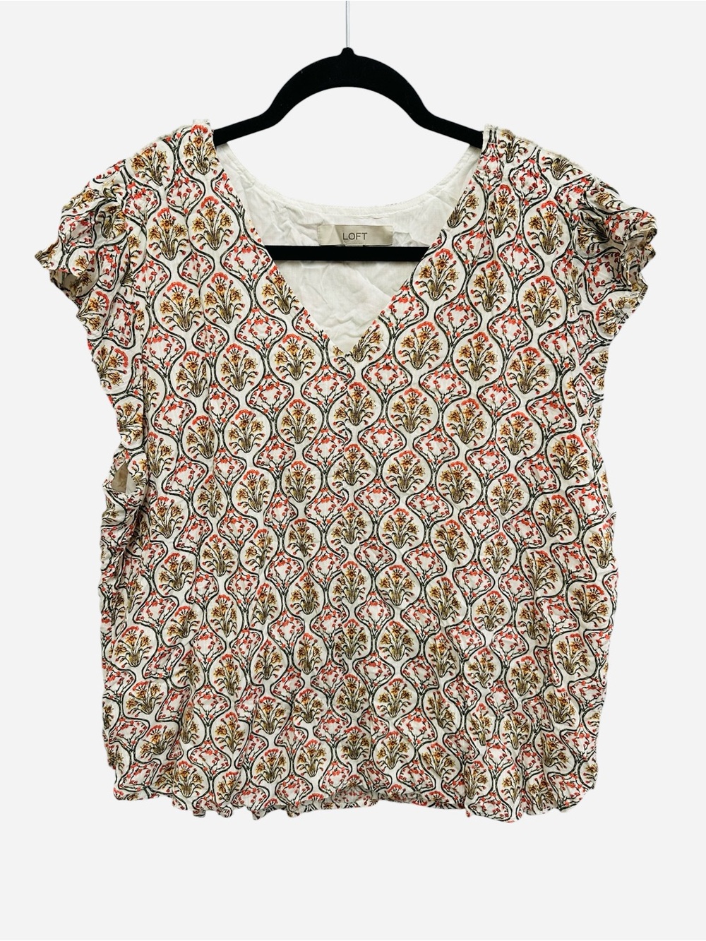 LOFT floral lattice print ruffle sleeve blouse in orange yellow green Size XL